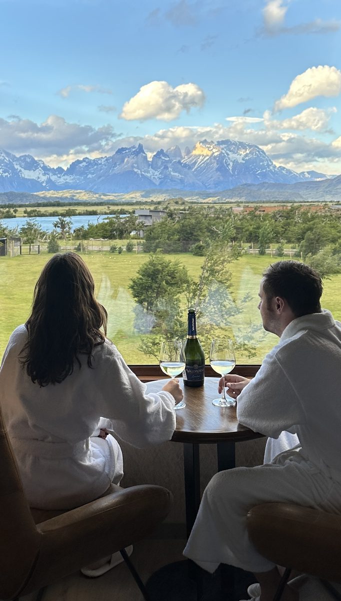 Tim and Im in robes overlooking Patagonia